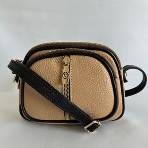 Valentina Crossbody Bag Leather Beige Black Trim Pebbled Made in Italy Authentic